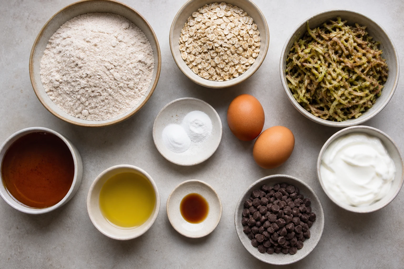 Whole-wheat flour, oats, leaveners, eggs, Greek yogurt, maple syrup, oil, vanilla and prepared chocolate zucchini.