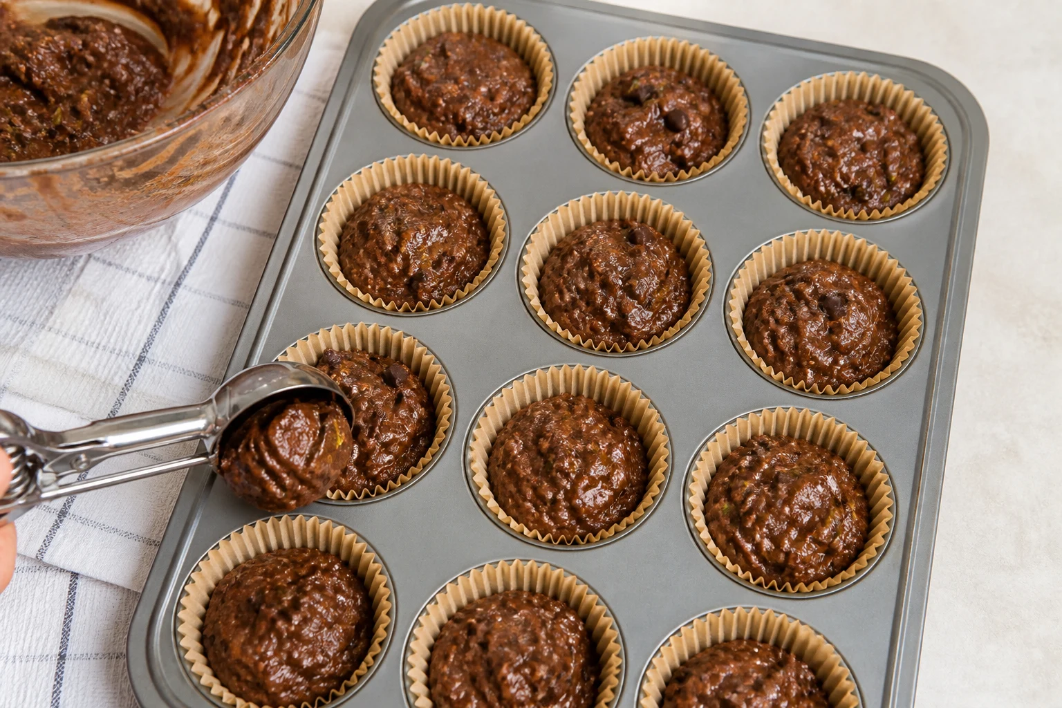 chocolate zucchini muffin batter being folded gently and portioned evenly into a lined 12-cup pan.