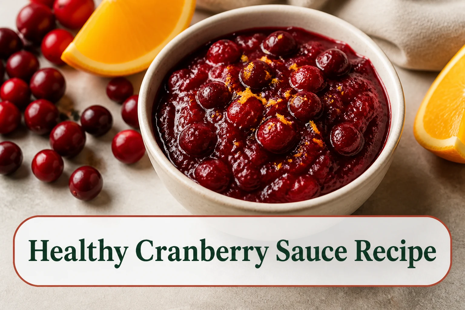 Ruby-red chunky cranberry sauce in a small cream bowl, visible whole berries, orange zest and a restrained glossy texture beside fresh cranberries and orange wedges. The lower title bubble reads Healthy Cranberry Sauce Recipe.