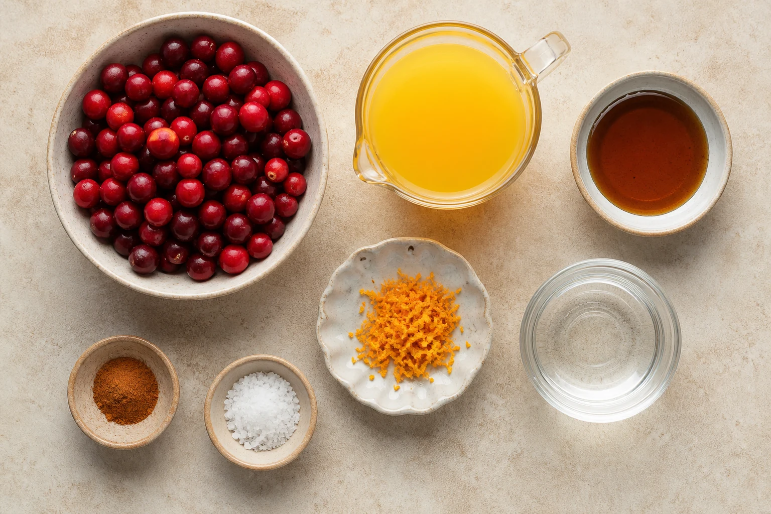 Fresh cranberries, orange juice, maple syrup, water, orange zest, cinnamon and kosher salt in realistic measured quantities overhead.