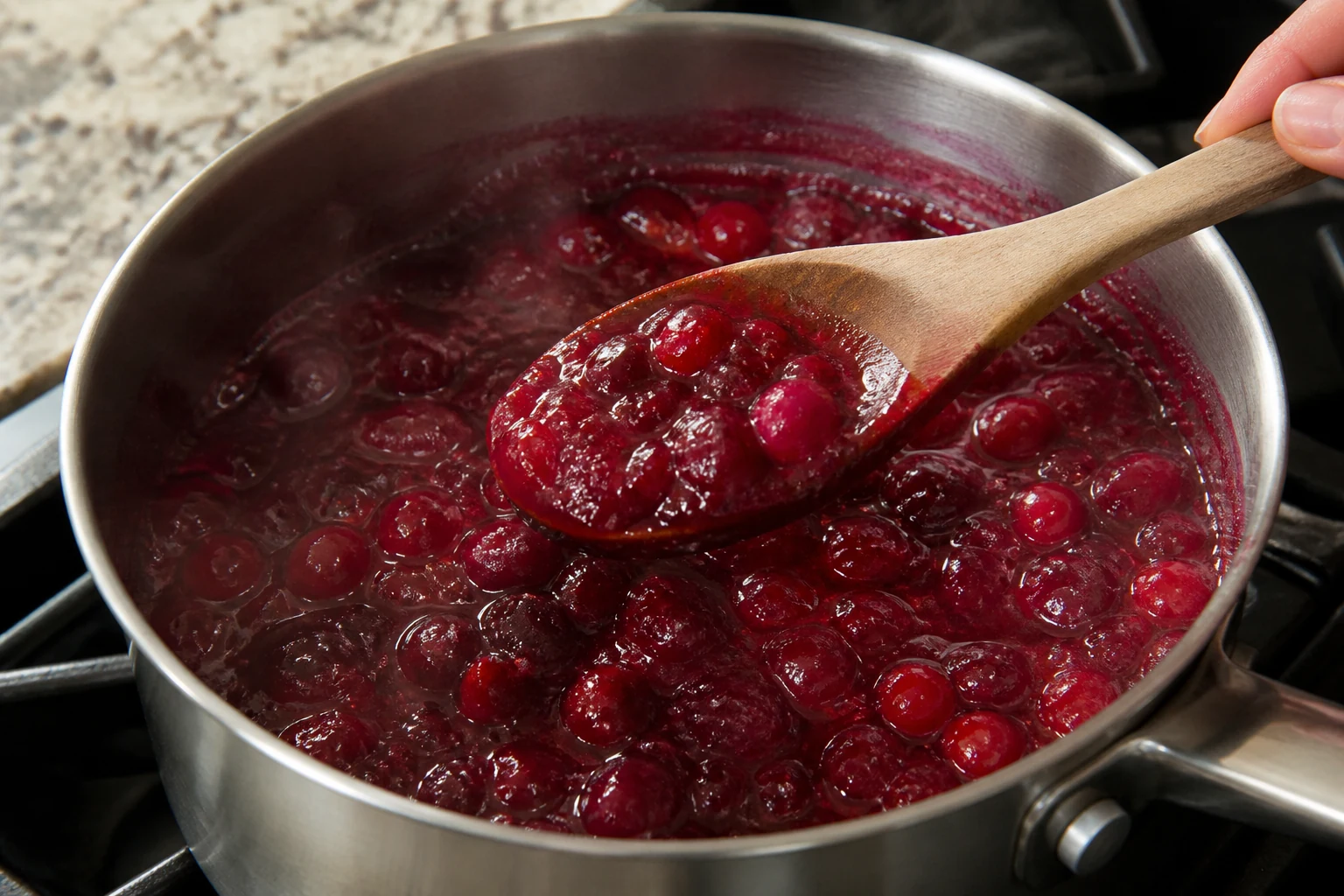 Cranberries gently simmering in a saucepan as most berries burst while several remain whole, wooden spoon showing a spoonable ruby sauce.