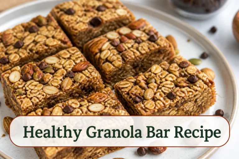 Chewy oat granola bars cut into neat rectangles with visible nuts, seeds and mini chocolate chips.; title text reads Healthy Granola Bar Recipe