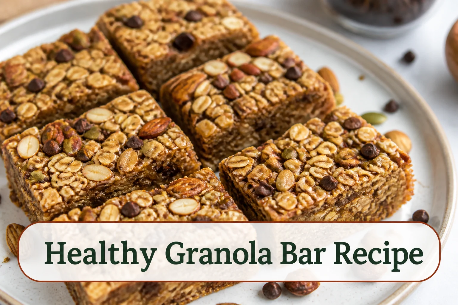 Chewy oat granola bars cut into neat rectangles with visible nuts, seeds and mini chocolate chips.; title text reads Healthy Granola Bar Recipe
