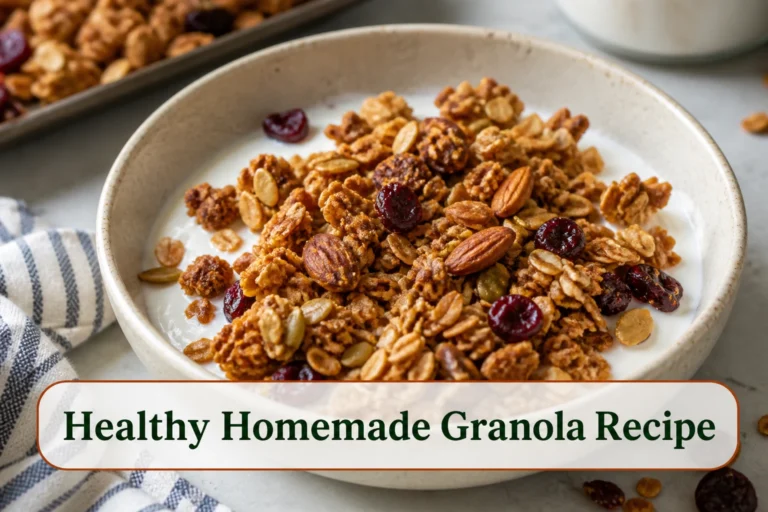 Large crunchy oat granola clusters with almonds, pumpkin seeds and dried cherries in a ceramic bowl with yogurt.; title text reads Healthy Homemade Granola Recipe