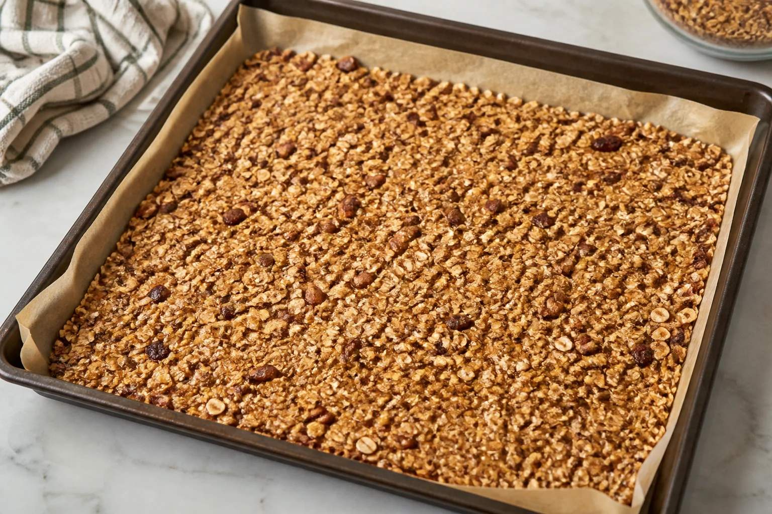 Maple-coated granola mixture pressed firmly into one even compact layer on a parchment-lined sheet pan.