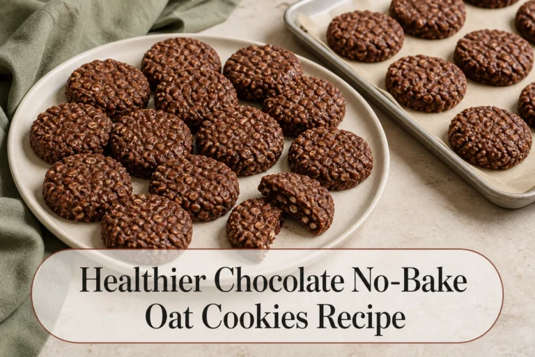 Chocolate no-bake oat cookies with title reading Healthier Chocolate No-Bake Oat Cookies Recipe