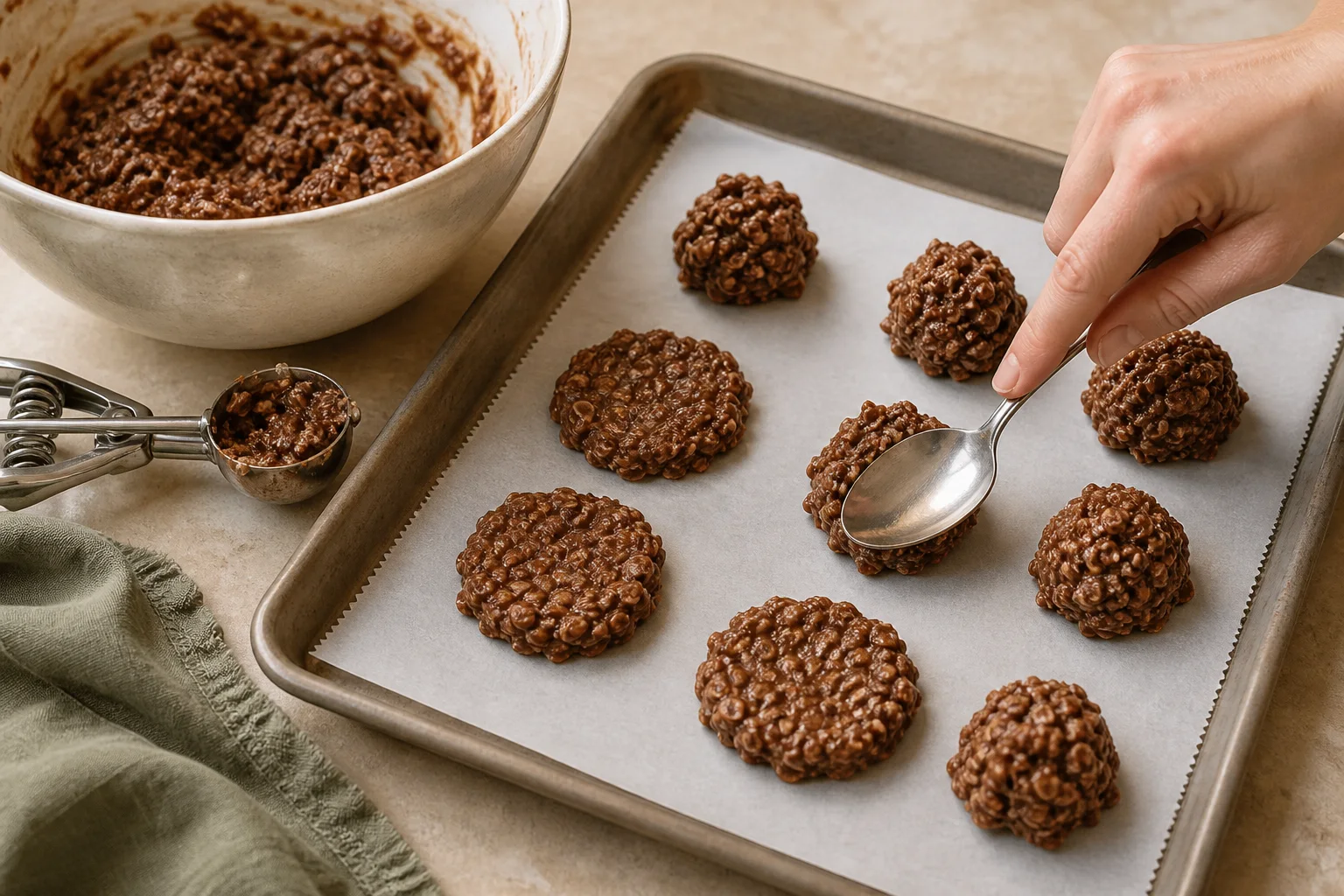 Chocolate peanut butter oat mixture being portioned and pressed into half-inch disks on parchment