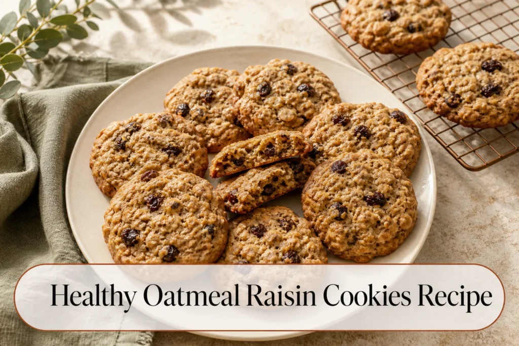 Oatmeal raisin cookies with title reading Healthy Oatmeal Raisin Cookies Recipe