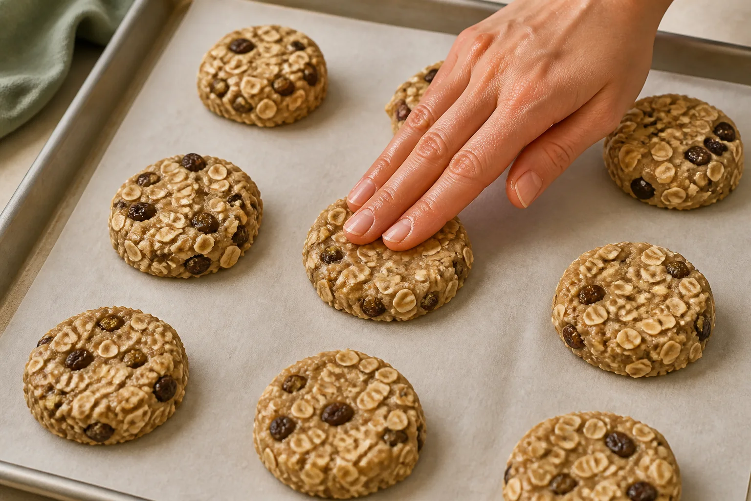 Oatmeal raisin cookie dough portions pressed into half-inch disks on parchment