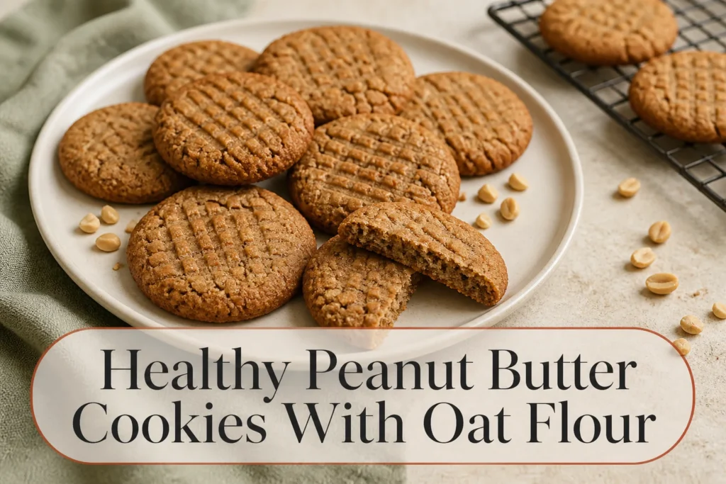 Peanut butter oat flour cookies with title reading Healthy Peanut Butter Cookies With Oat Flour