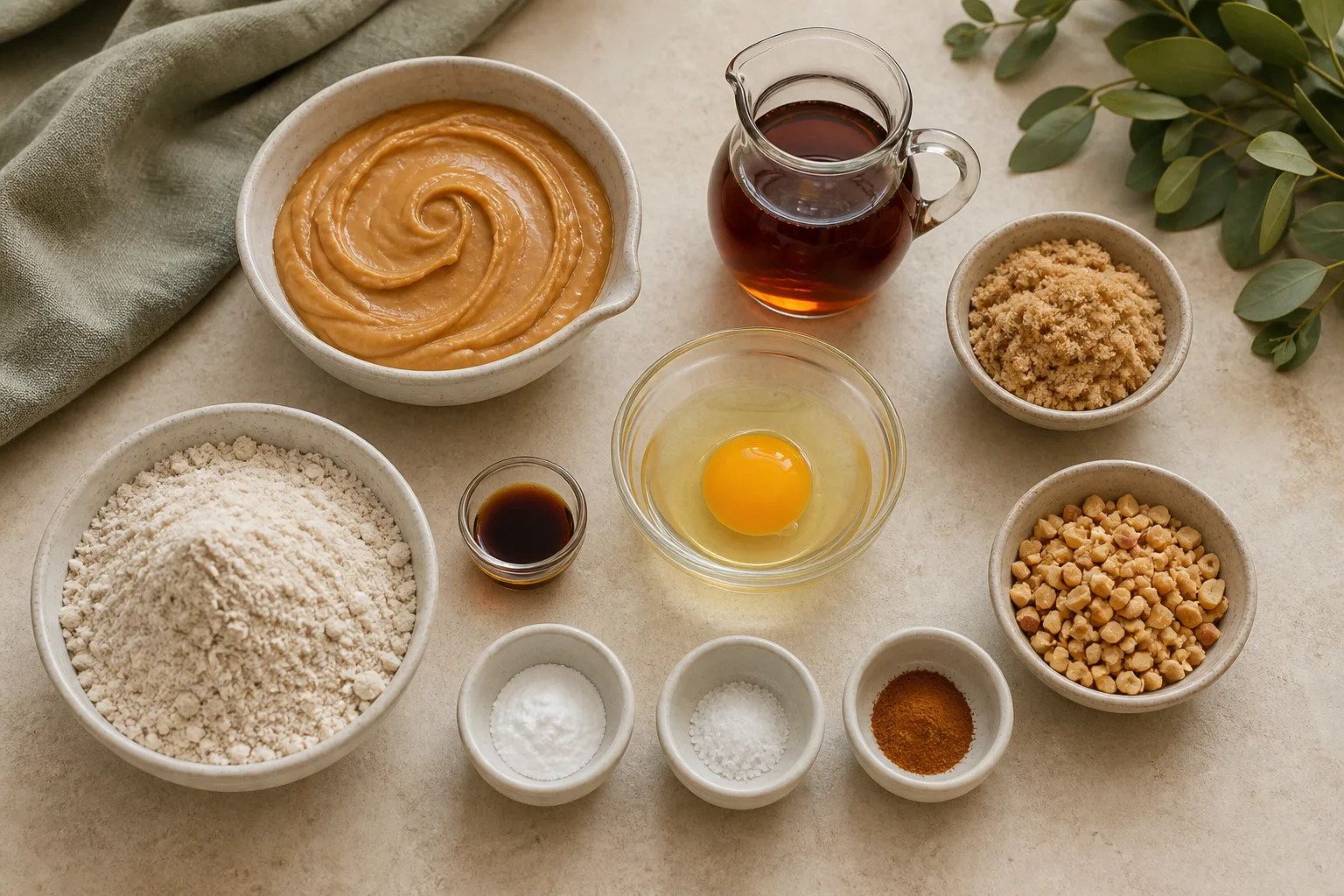 Creamy peanut butter, maple syrup, brown sugar, egg, vanilla, oat flour, baking soda, salt, cinnamon and chopped peanuts