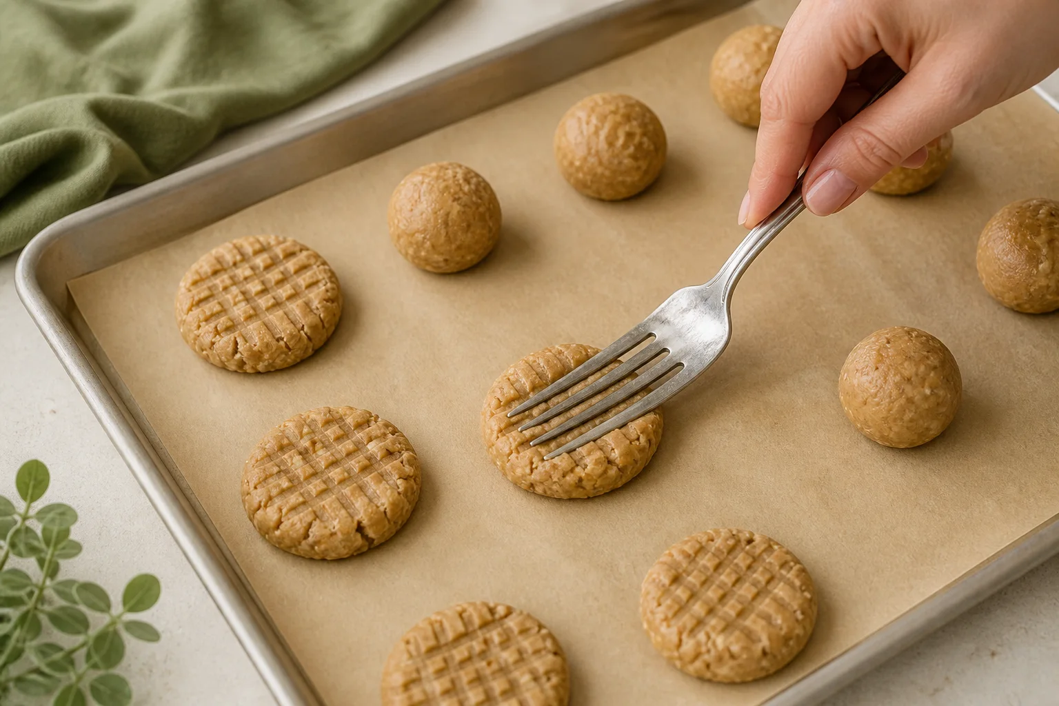 Fork pressing a crosshatch into portioned peanut butter oat flour cookie dough on parchment
