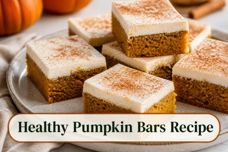 Soft orange pumpkin bars with a thin white yogurt cream-cheese layer, clean square cuts and cinnamon dusting.; title text reads Healthy Pumpkin Bars Recipe