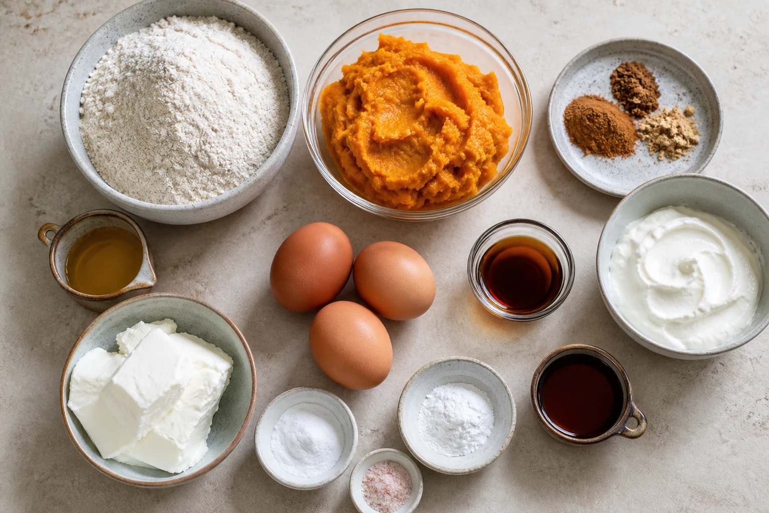 Oat flour, pumpkin, eggs, maple, oil, leaveners, pumpkin spice, cream cheese and Greek yogurt.
