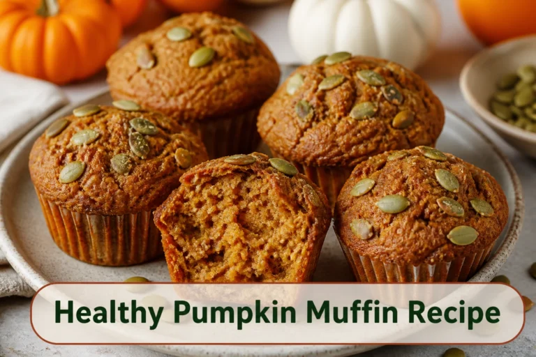 Moist orange pumpkin muffins with domed tops, pepitas and a tender whole-grain crumb.; title text reads Healthy Pumpkin Muffin Recipe