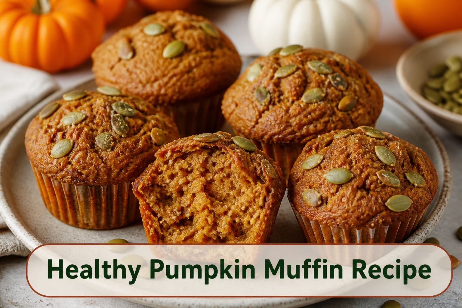 Moist orange pumpkin muffins with domed tops, pepitas and a tender whole-grain crumb.; title text reads Healthy Pumpkin Muffin Recipe