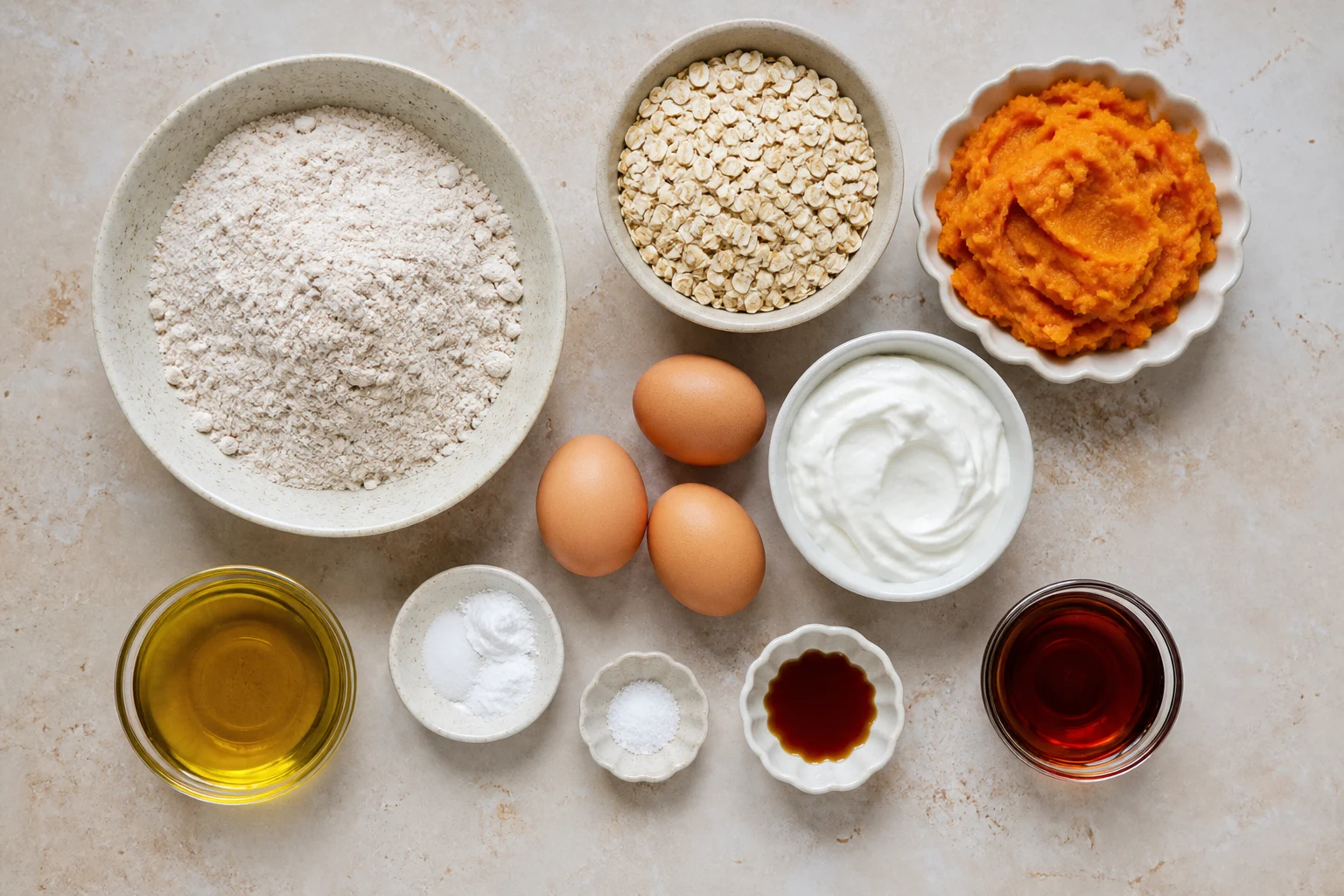 Whole-wheat flour, oats, leaveners, eggs, Greek yogurt, maple syrup, oil, vanilla and prepared pumpkin.