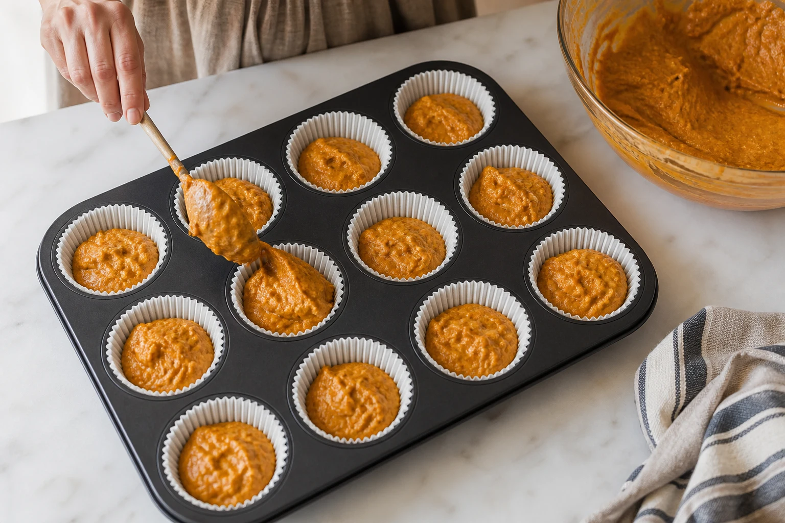 pumpkin muffin batter being folded gently and portioned evenly into a lined 12-cup pan.