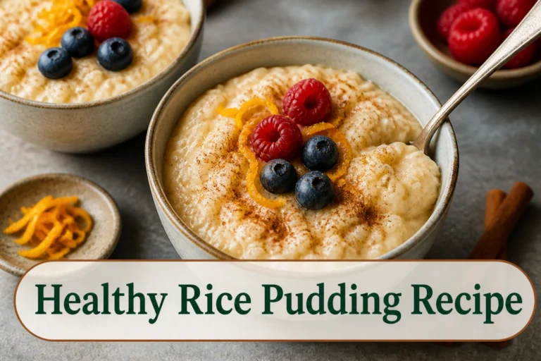 Creamy brown-rice pudding in small bowls with cinnamon, orange zest and berries, visibly spoonable texture.; title text reads Healthy Rice Pudding Recipe