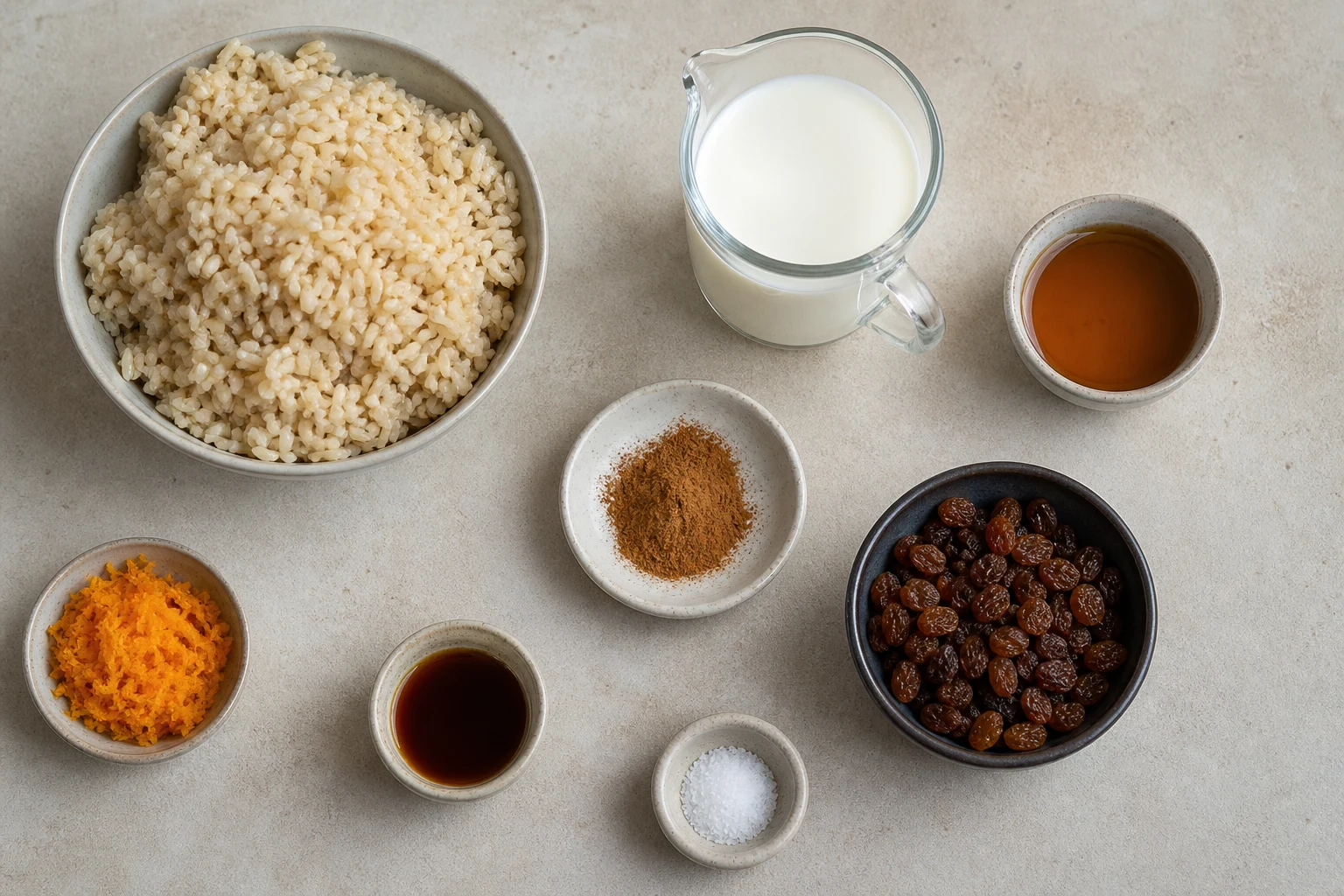 Cooked brown rice, milk, maple syrup, cinnamon, vanilla, salt, raisins and orange zest.