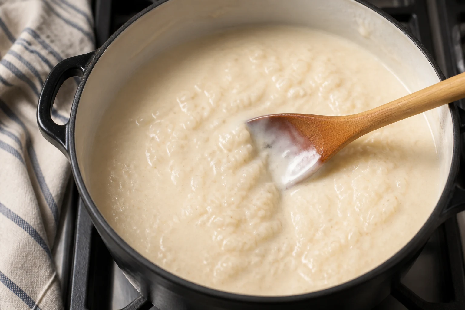 Creamy rice pudding simmering gently in a heavy saucepan while a wooden spoon leaves a brief trail.