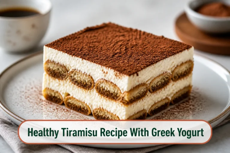 Neat square of lighter tiramisu with distinct espresso ladyfinger layers, creamy white filling and fine cocoa top.; title text reads Healthy Tiramisu Recipe With Greek Yogurt