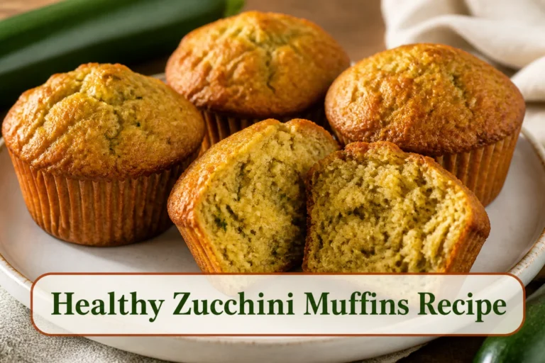 Golden zucchini muffins with green flecks and a moist tender split crumb.; title text reads Healthy Zucchini Muffins Recipe