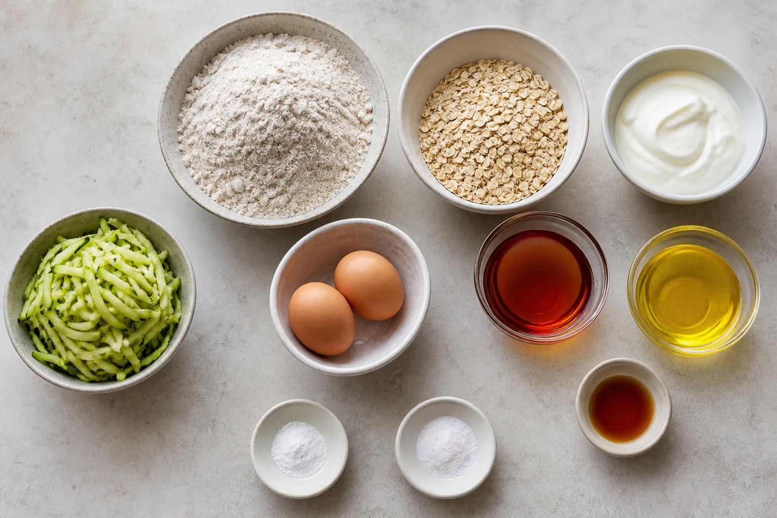 Whole-wheat flour, oats, leaveners, eggs, Greek yogurt, maple syrup, oil, vanilla and prepared zucchini.