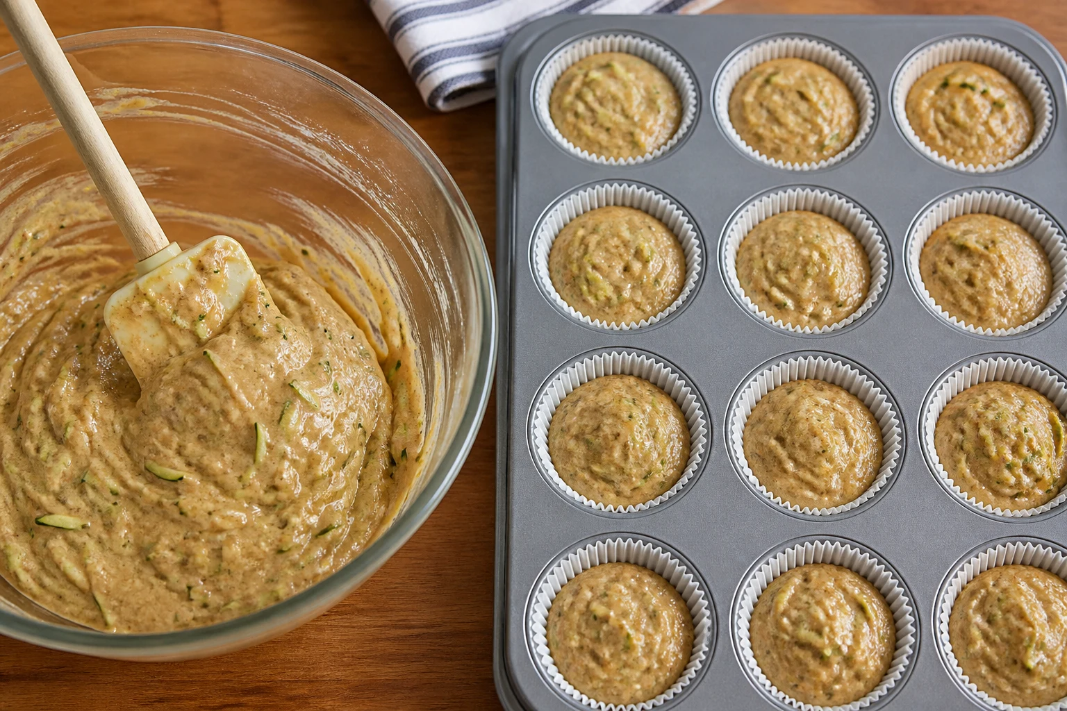 zucchini muffin batter being folded gently and portioned evenly into a lined 12-cup pan.