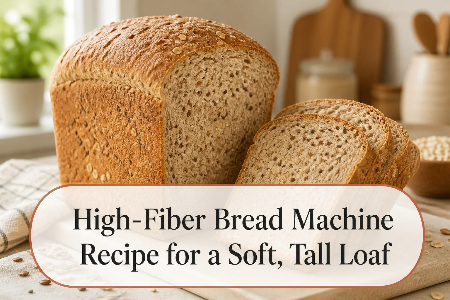 Sliced whole-grain bread-machine loaf with title reading High-Fiber Bread Machine Recipe for a Soft, Tall Loaf