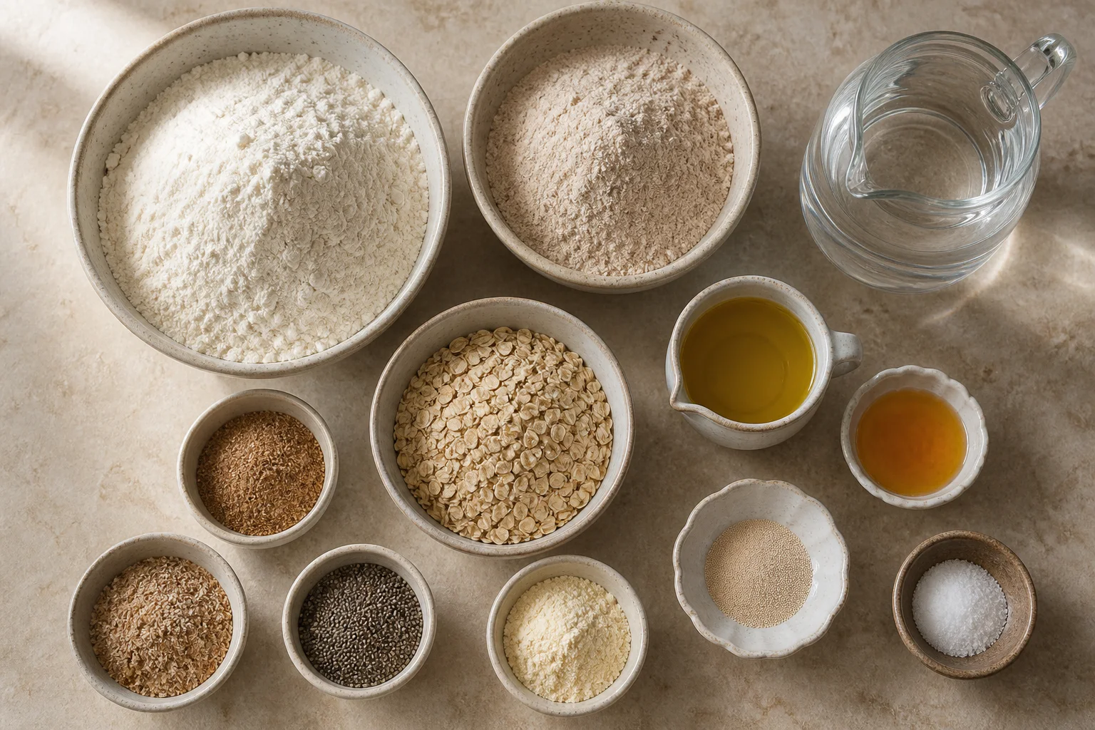 Bread flour, whole-wheat flour, oats, flax, chia, wheat bran, vital wheat gluten, yeast, honey, oil, salt and water arranged on a counter