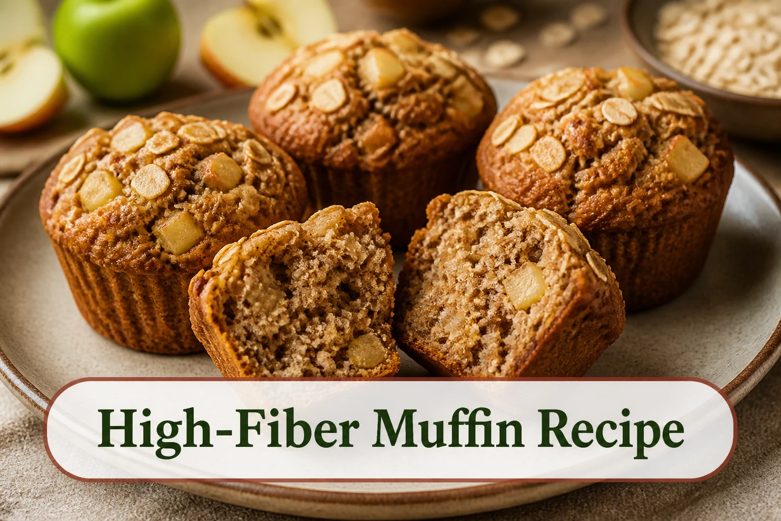 Moist high-fiber muffins with visible oats, bran and apple pieces, one split to show a tender whole-grain crumb.; title text reads High-Fiber Muffin Recipe