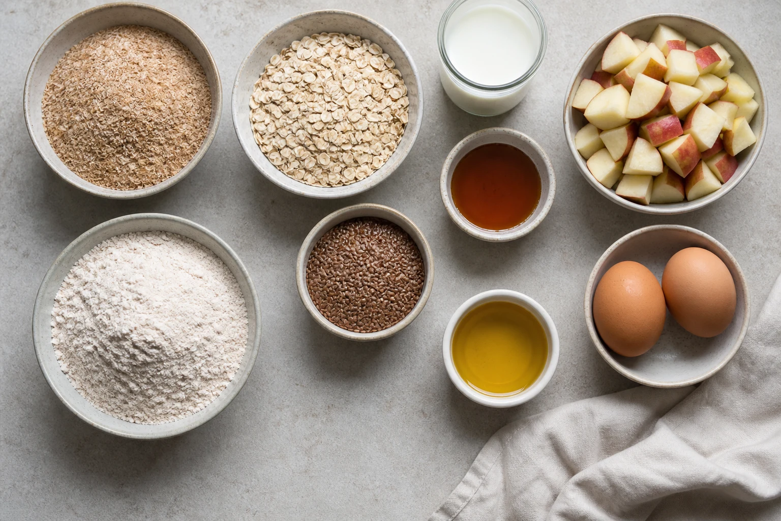 Wheat bran, oats, flax, milk, whole-wheat flour, eggs, maple, oil and diced apple.