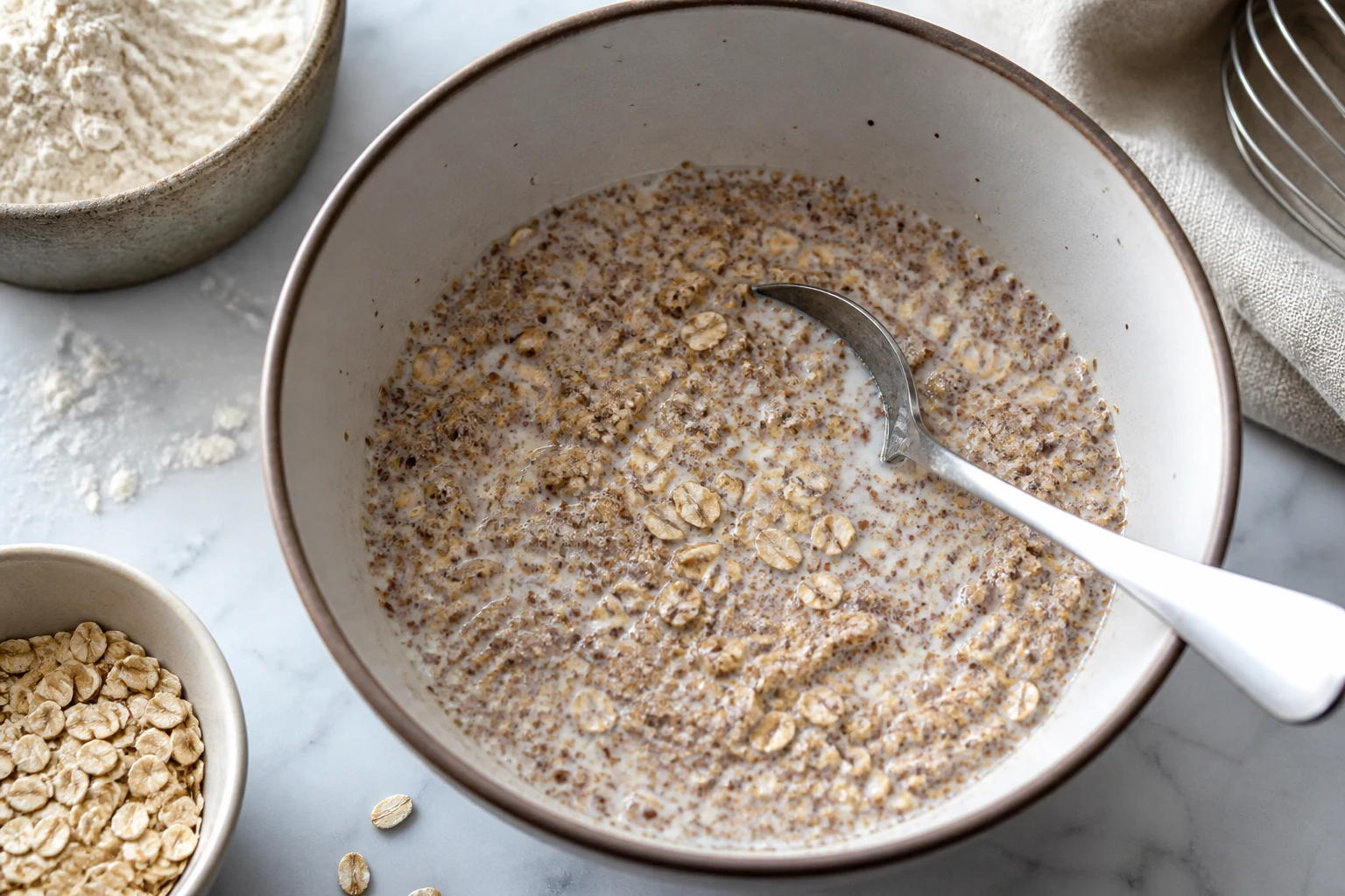 Bran, oats and flax soaking in milk before being folded into high-fiber muffin batter.