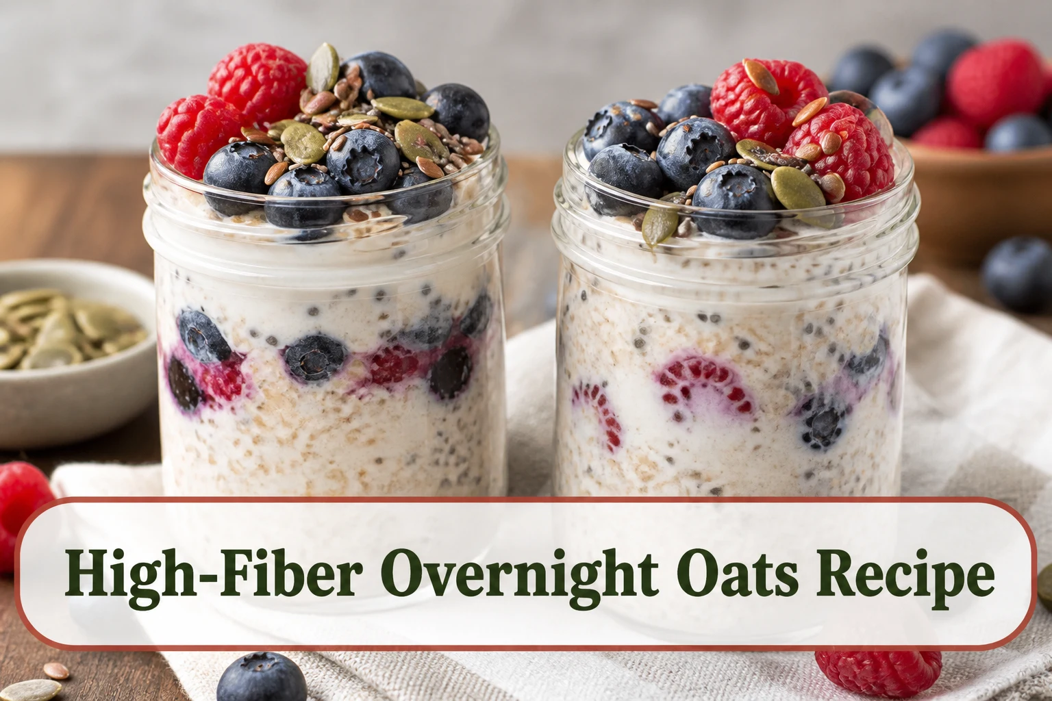 Two jars of high-fiber overnight oats with berries, chia, flax and pumpkin seeds, creamy spoonable layers visible.; title text reads High-Fiber Overnight Oats Recipe