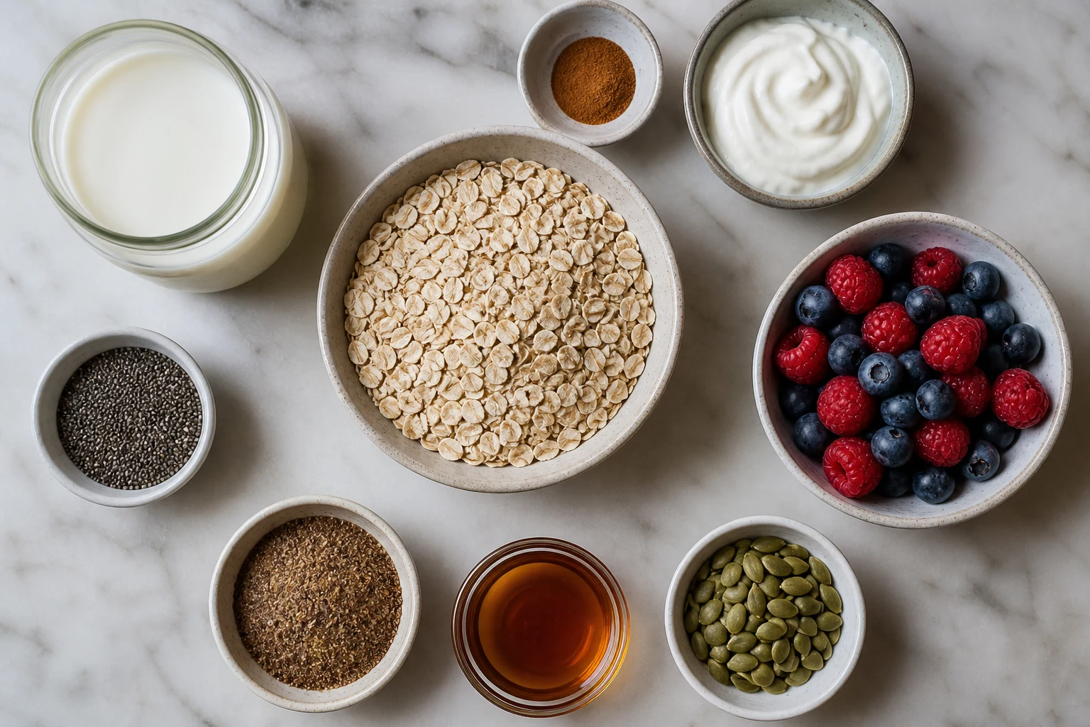 Rolled oats, chia, ground flax, milk, Greek yogurt, maple, cinnamon, berries and pumpkin seeds.