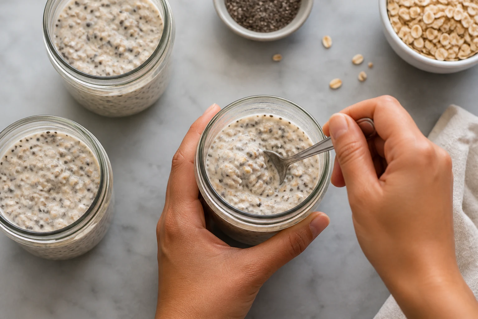 Overnight oats being stirred a second time in glass jars to distribute chia and flax evenly.