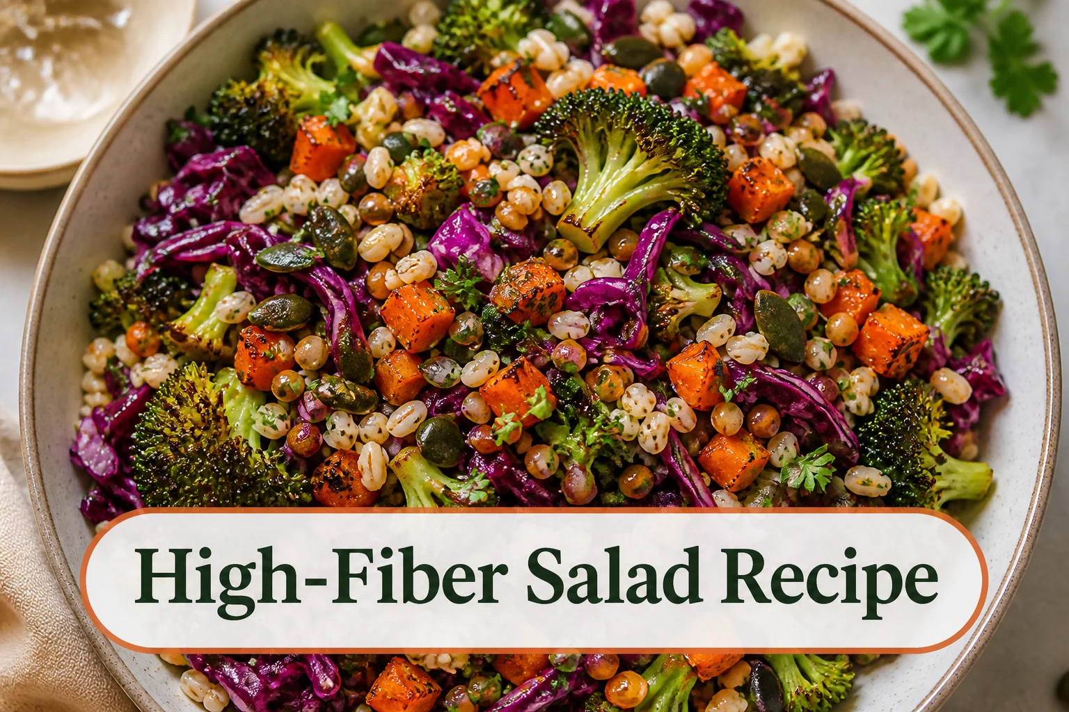 Colorful high-fiber salad with lentils, barley, roasted broccoli and carrots, red cabbage, herbs and pumpkin seeds.; title text reads High-Fiber Salad Recipe