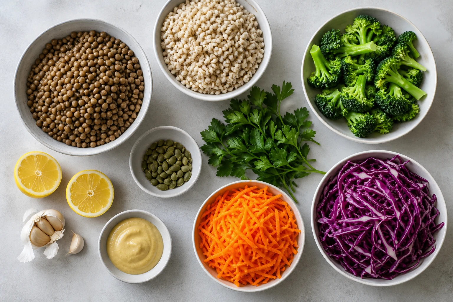 Cooked lentils, barley, broccoli, carrots, red cabbage, parsley, pumpkin seeds, lemon, Dijon and garlic.