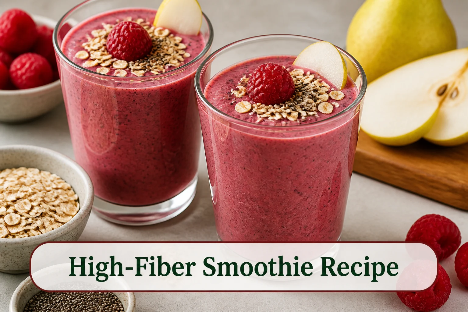 Thick raspberry-pear high-fiber smoothies in clear glasses with oats, chia and fresh fruit nearby.; title text reads High-Fiber Smoothie Recipe