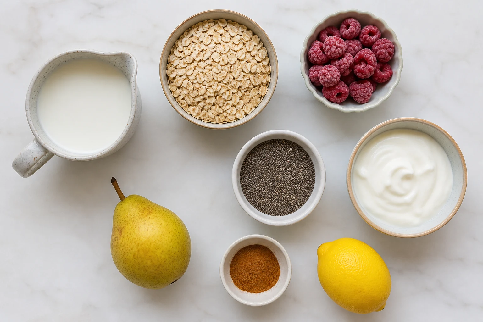 Milk, rolled oats, chia, pear, frozen raspberries, yogurt, lemon and cinnamon.