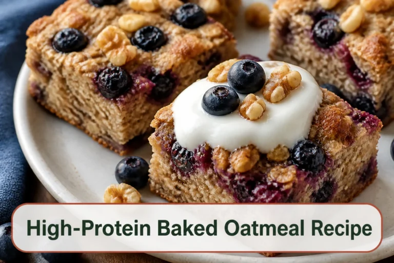 Squares of moist high-protein baked oatmeal with blueberries and walnuts, yogurt spooned over one warm piece.; title text reads High-Protein Baked Oatmeal Recipe