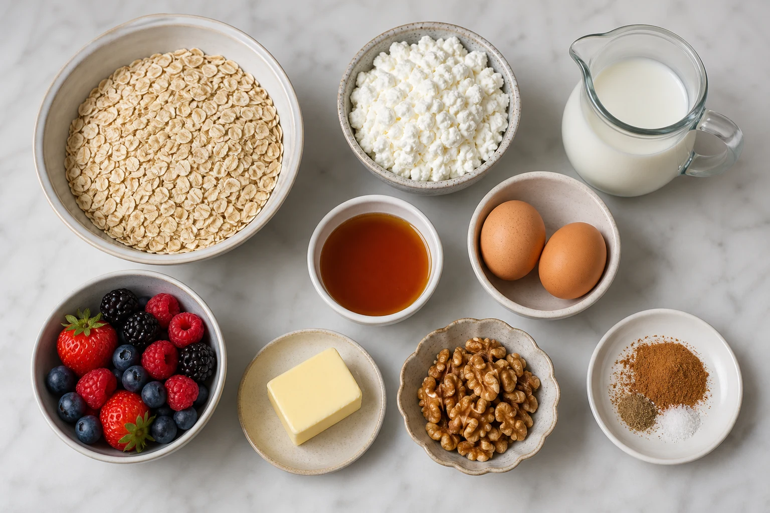 Rolled oats, cottage cheese, milk, eggs, maple syrup, butter, berries, walnuts and spices.