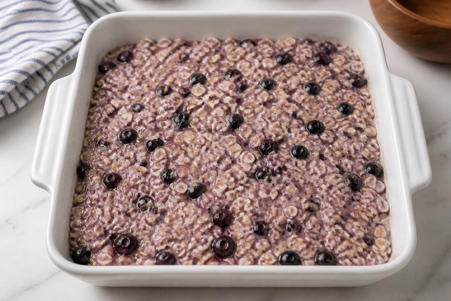 Hydrated blueberry oatmeal mixture spread evenly in a greased 8-inch square baking dish before baking.