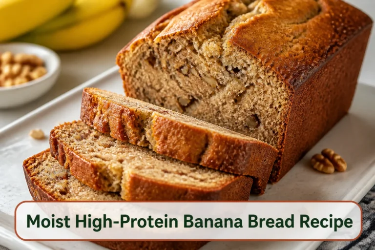 Moist high-protein banana bread loaf with golden domed top, neat slices and walnut-speckled tender crumb.; title text reads Moist High-Protein Banana Bread Recipe
