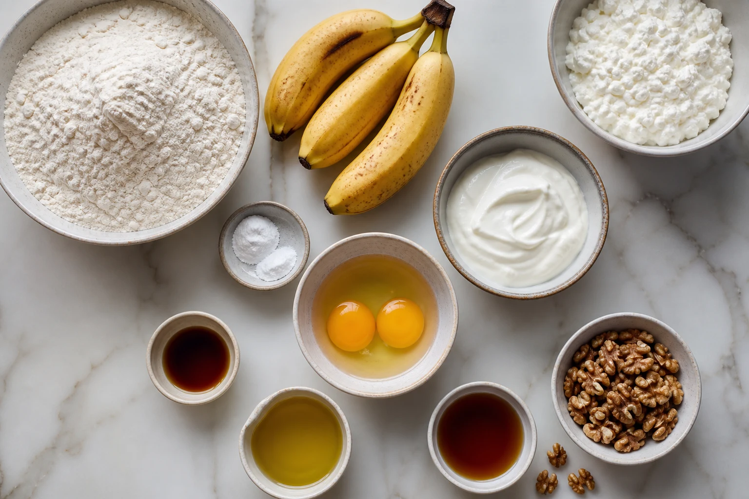 Flour, leaveners, ripe bananas, cottage cheese, Greek yogurt, eggs, maple, oil, vanilla and walnuts.