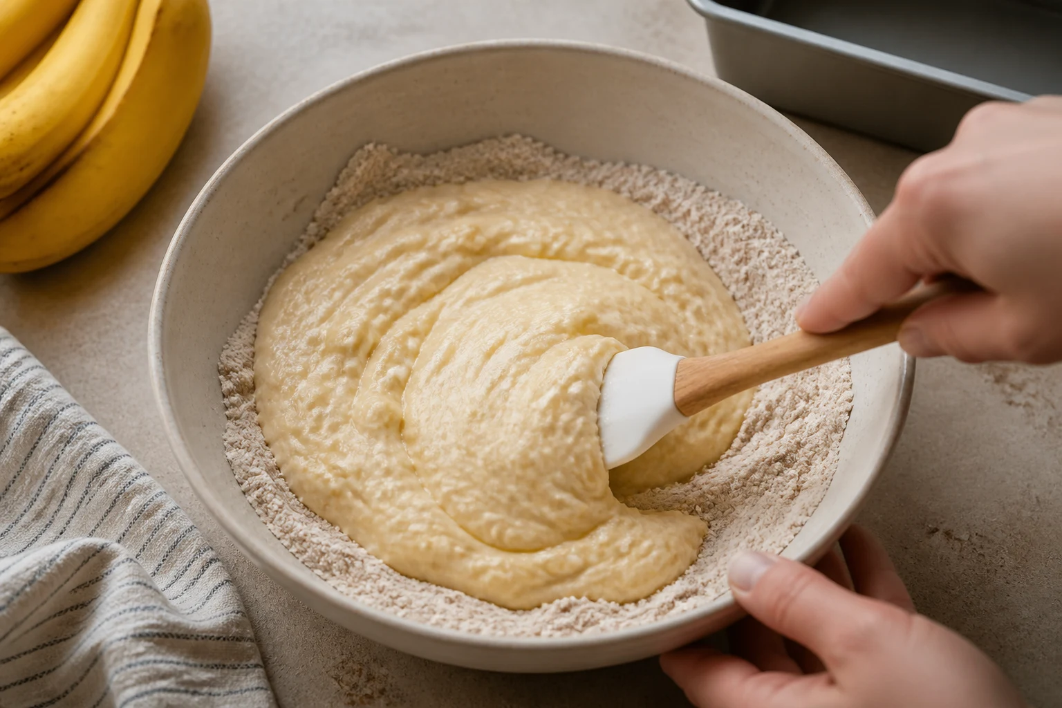 Smooth banana-cottage-cheese batter being folded gently into dry ingredients before filling a loaf pan.