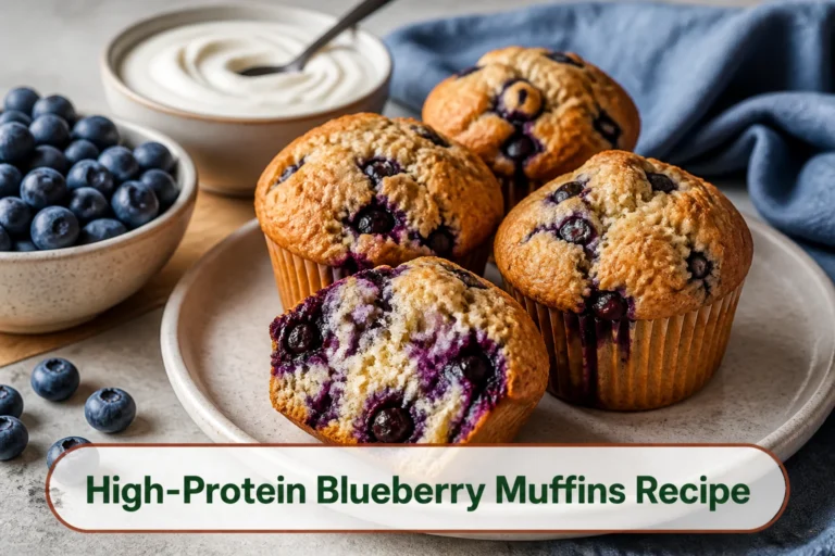 Golden high-protein blueberry muffins with burst berries and a tender cut crumb, yogurt and fresh blueberries nearby.; title text reads High-Protein Blueberry Muffins Recipe
