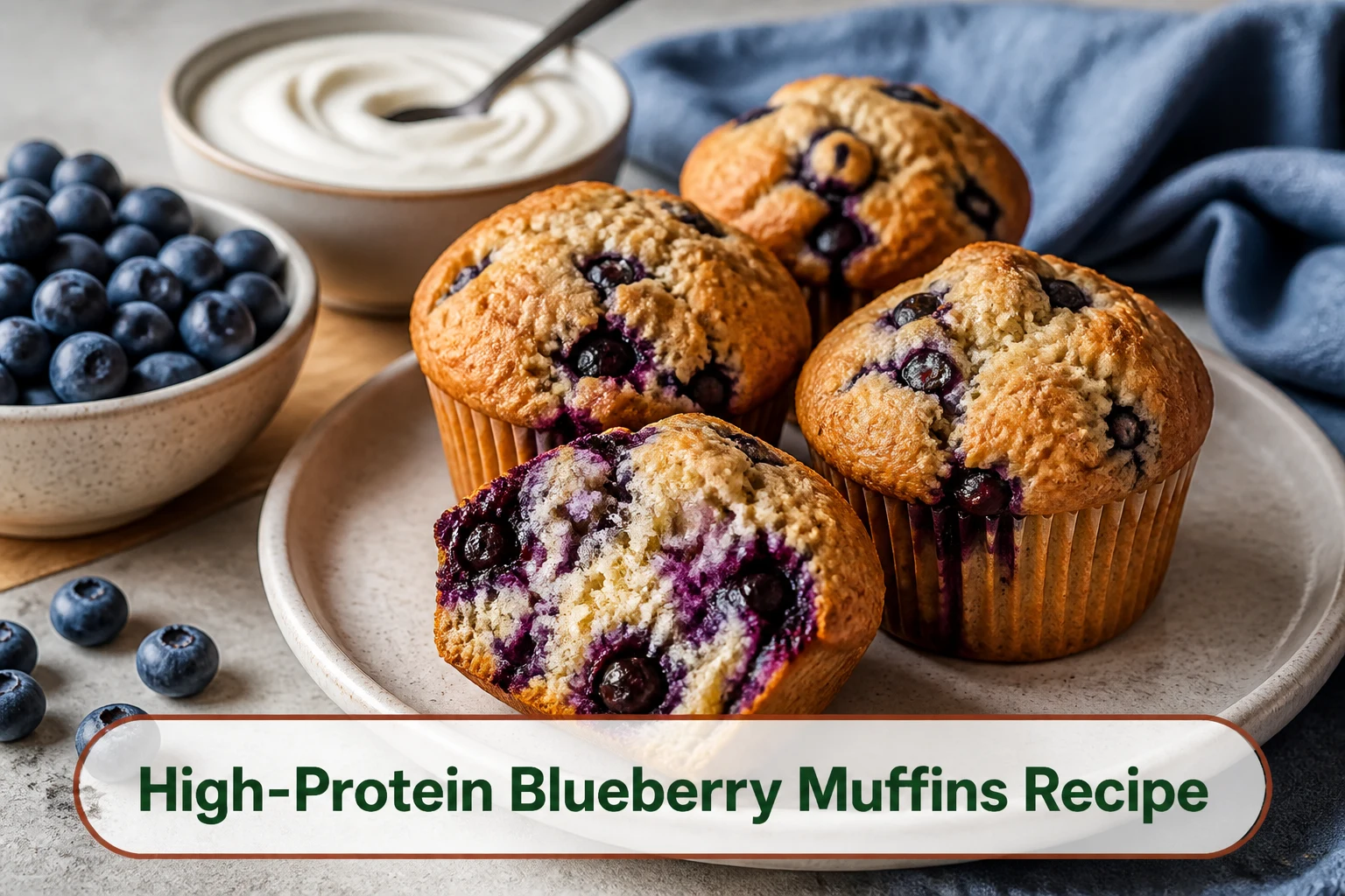Golden high-protein blueberry muffins with burst berries and a tender cut crumb, yogurt and fresh blueberries nearby.; title text reads High-Protein Blueberry Muffins Recipe