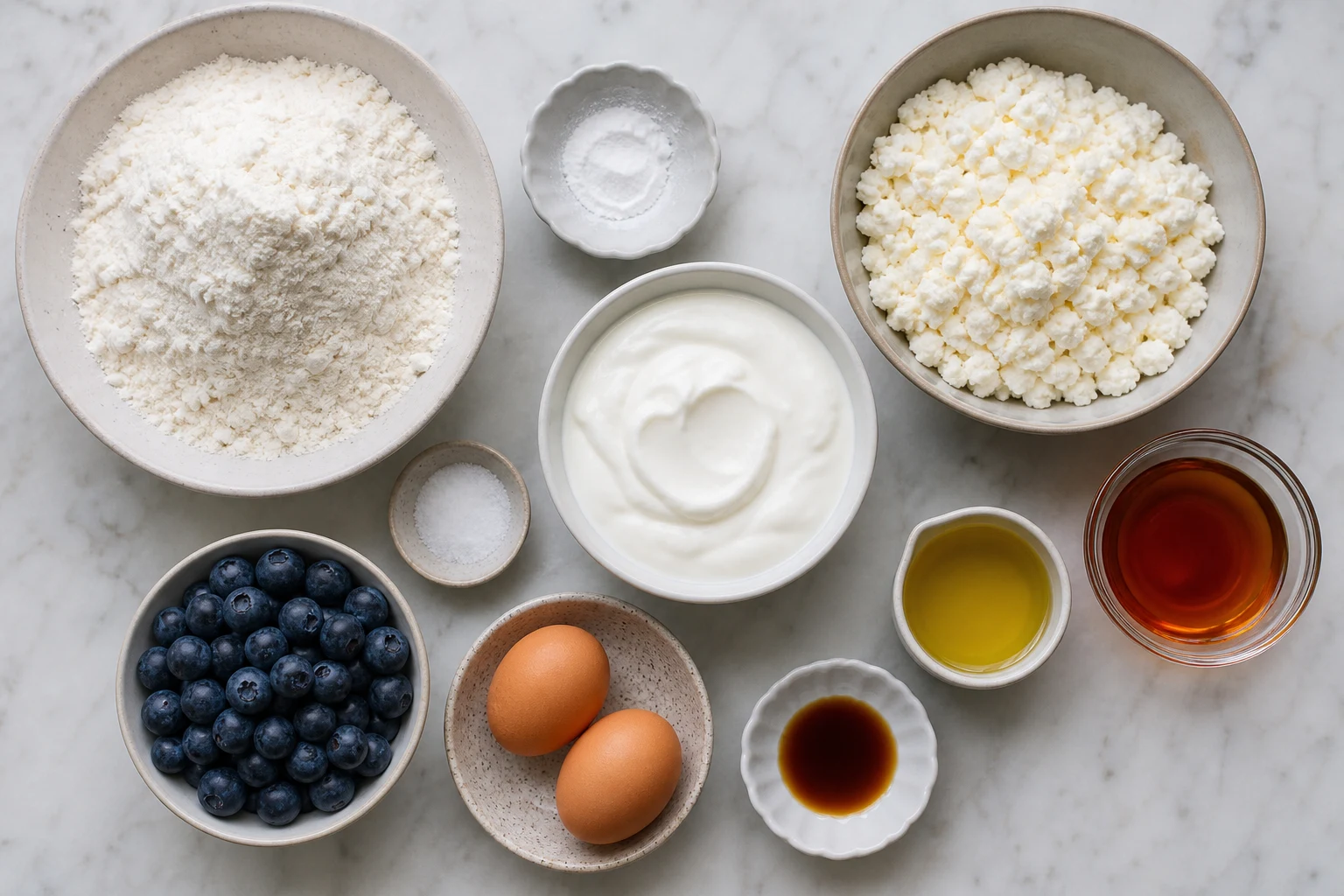 Flour, leaveners, cottage cheese, Greek yogurt, eggs, maple syrup, oil, vanilla and blueberries.